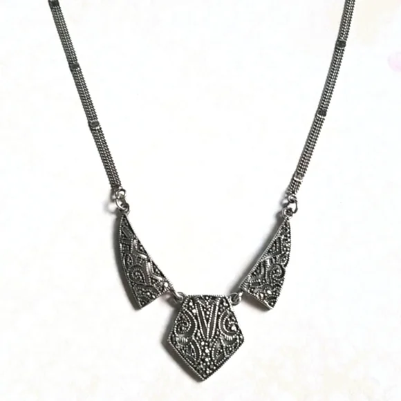 Vintage Art Deco 1920s Marcasite Sterling Silver Pendant Necklace - Picture 6 of 16